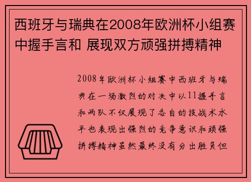 西班牙与瑞典在2008年欧洲杯小组赛中握手言和 展现双方顽强拼搏精神