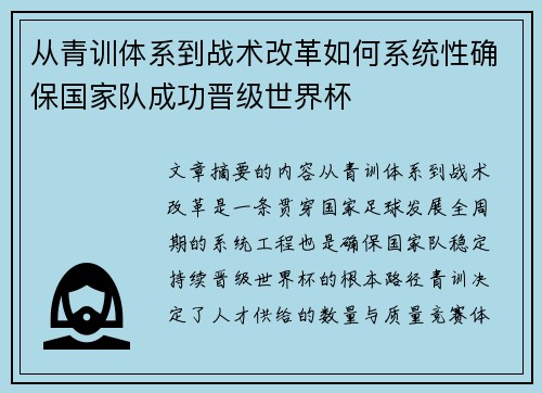 从青训体系到战术改革如何系统性确保国家队成功晋级世界杯