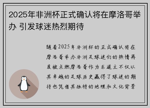 2025年非洲杯正式确认将在摩洛哥举办 引发球迷热烈期待